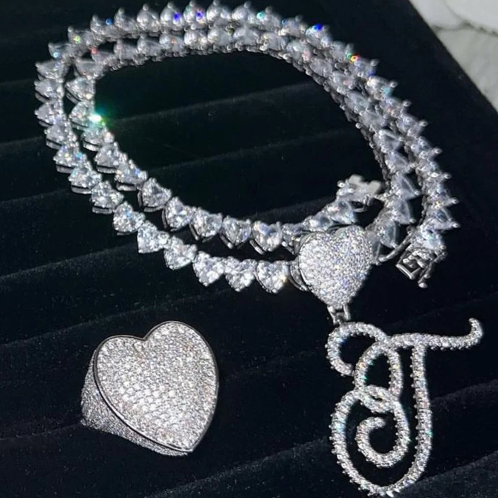 Gold/Silver Color A-Z Women’s Heart Initial Pendant Necklace, Iced Out Rhinestone Letter Charm Tennis Chain Choker, Luxury Bling Jewelry Gifts