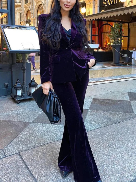 Velvet Blazer Pants Women Set Purple Brown Autumn Winter New One Button Jacket + Flare Pants Two Piece Office Female Suit