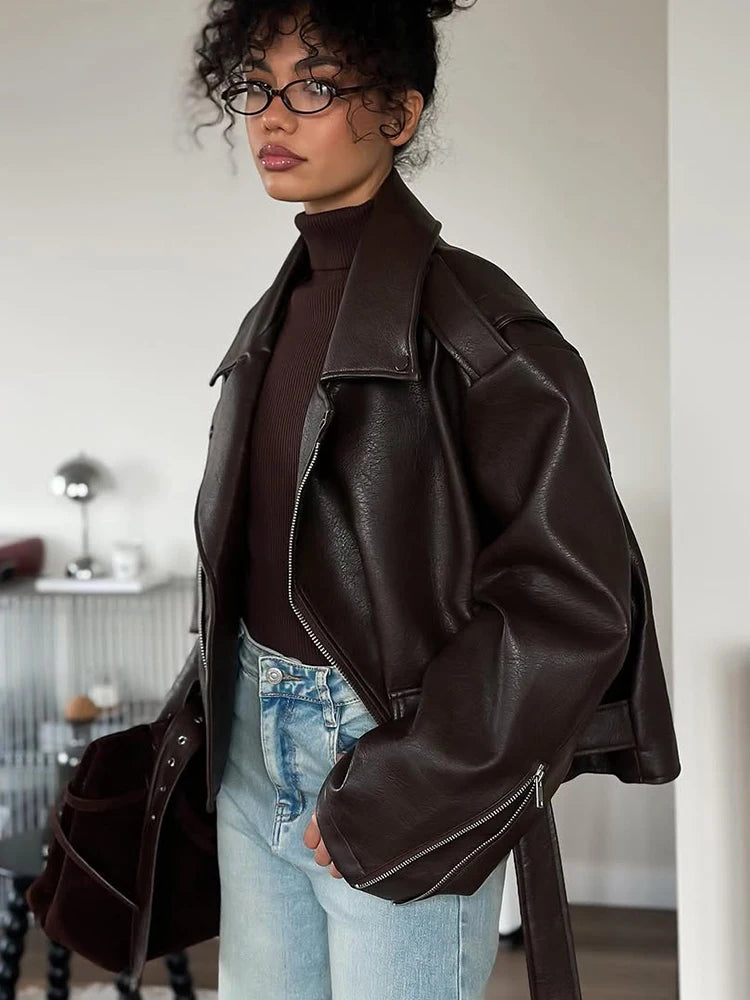 UK Size Casual Dark Red/Burgundy Color  Zipper Leather Short Jackets Women Long Sleeve Lace Up Lapel Loose Button Coat Lady Daily High Street Wear