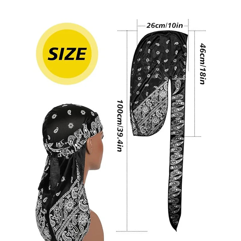 New Men Satin Paisley 8 Colors  Durag Turban Bandanas Headwear Silky Durag Doo Rag Long Tail Pirate Hat Wave Caps Hair Accessories