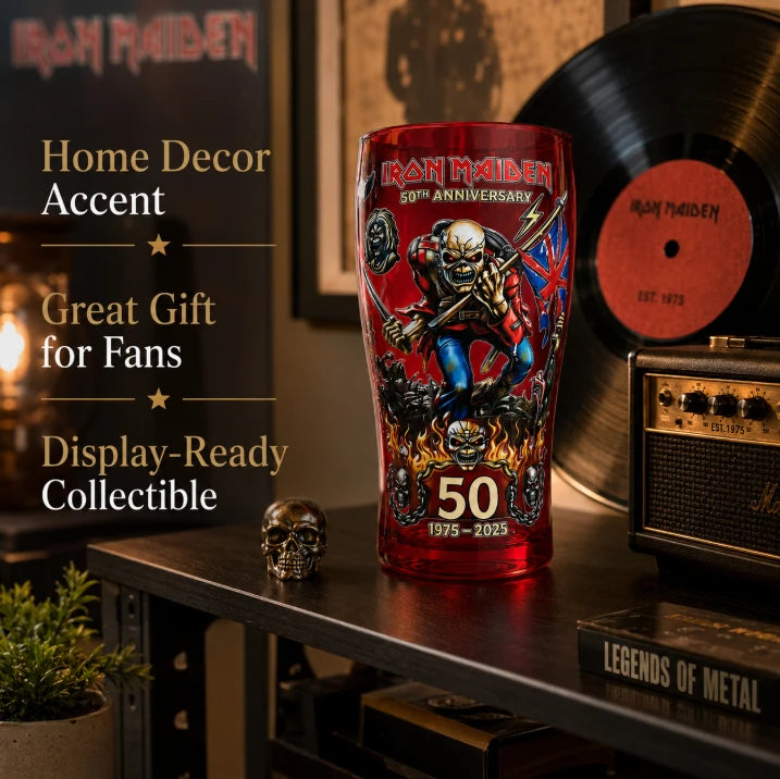IRON MAIDEN 50th Anniversary Collectible Beer Glass, 500ml 16oz The Trooper Eddie Skull Sticker Craft Pint Glass, Heavy Metal Rock Band Lovers Fans Home Bar Pubs Night Rock Club Drinkware Accessories Barware Supplies