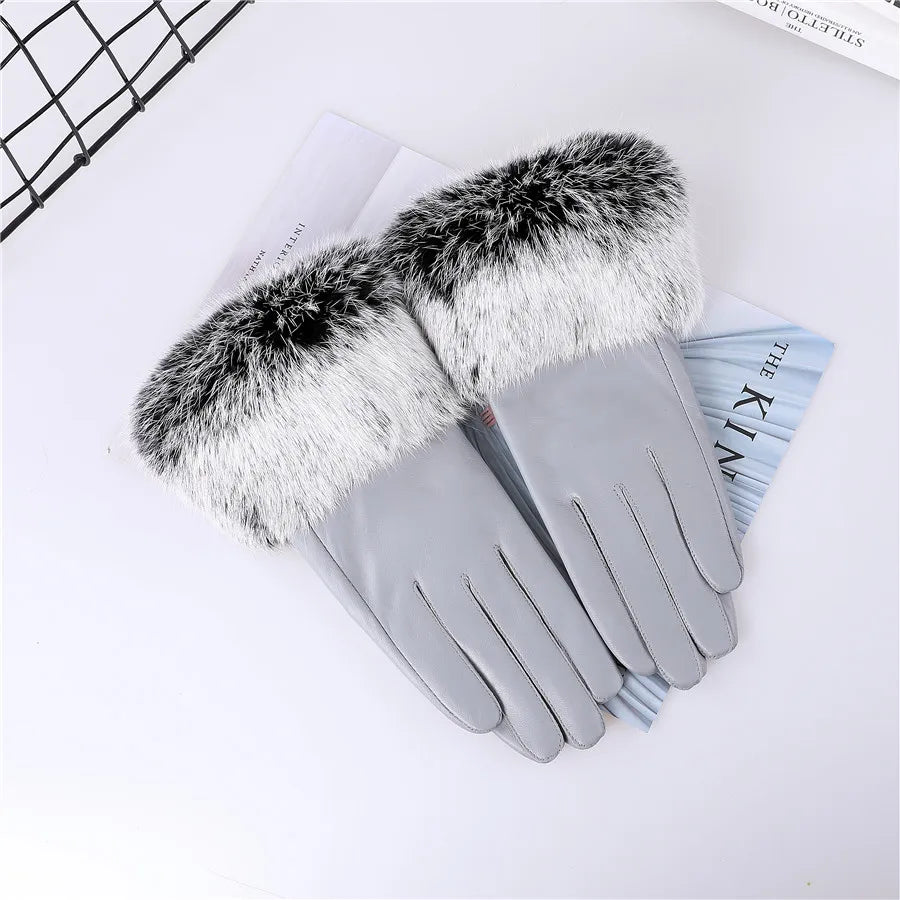 New Arrivals Women's Luxury Real Sheepskin Leather Gloves With Real Natural Rabbit Fur Cuffs Female Formal Evening Party Business Dinner Warm Gloves Fleece Lining Touch Screen Gloves Ladies Luxury Fashion Apparel Accessories