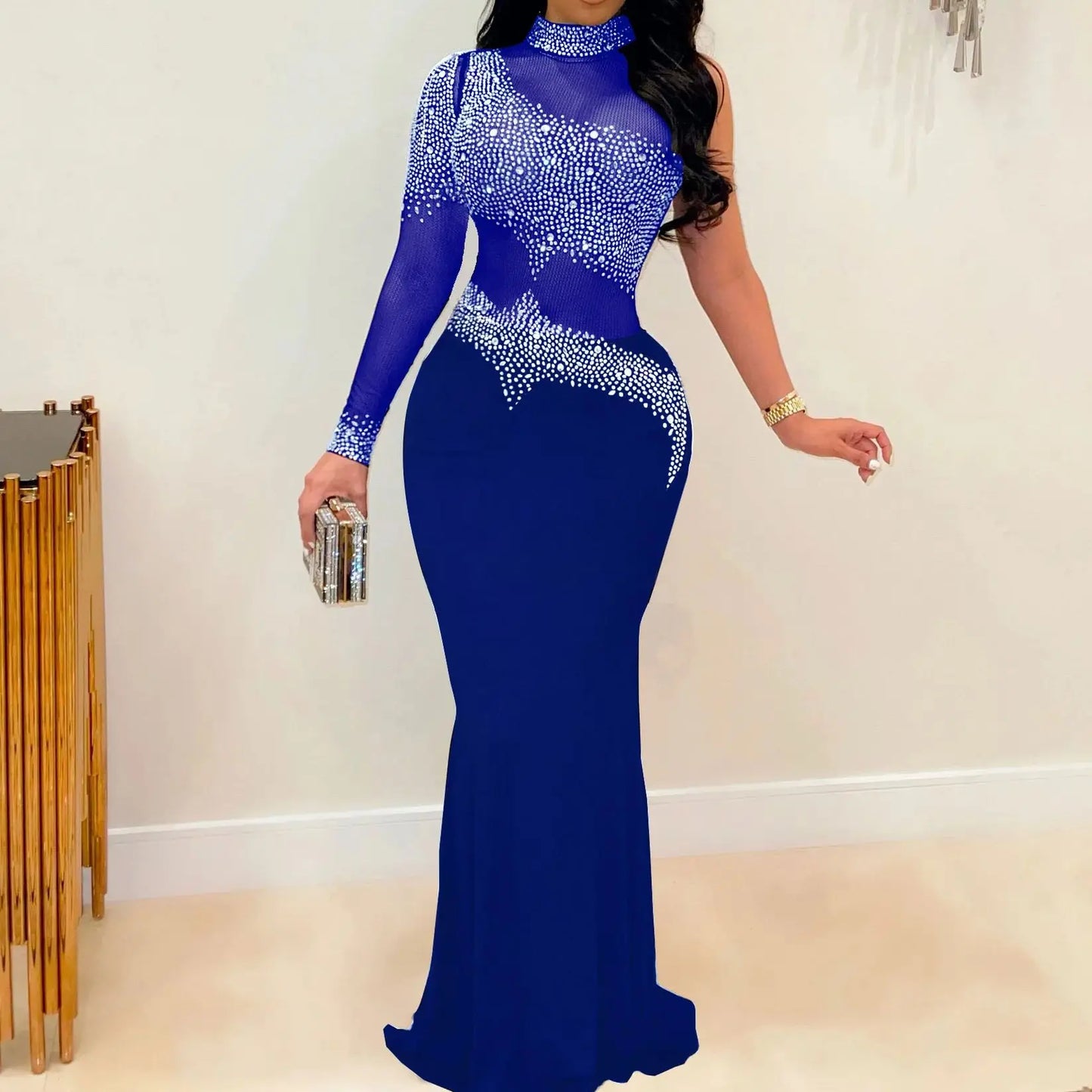 L-5XL Plus Size 5 Colors Sheer Rhinestones Evening Party Red Carpet Dress Female Luxury Business Dinner Celebrities Wedding Guest Prom Lady Summer Elegant Women Dresses