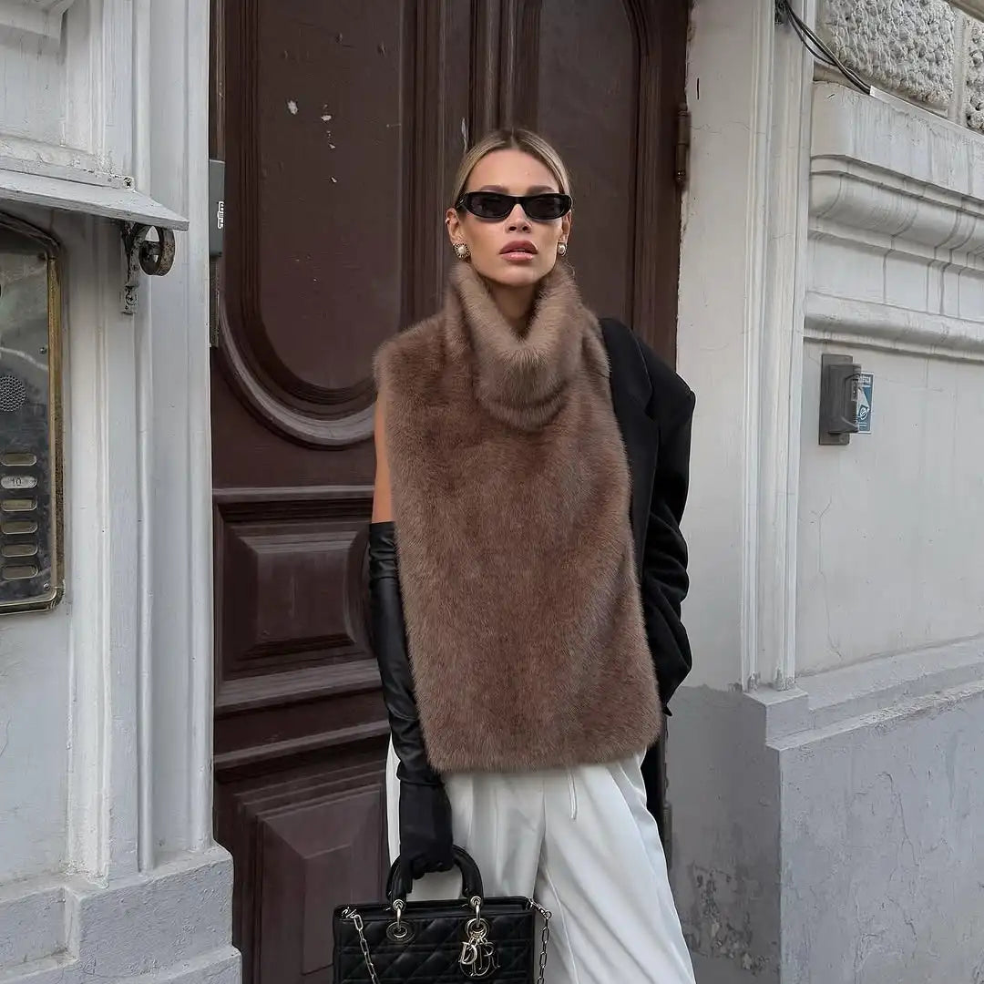 NEW Woman Brown Plush Fur Thick Coat Stand Up Collar Loose Short Jacket Lady Autumn Winter Casual Fashion Commuter Outwear