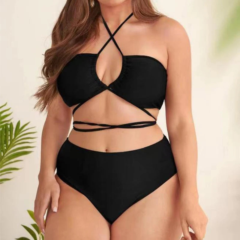 Solid Plus Size Bikini Set Women Sexy Fashion Split Swimwear Beach Style Party Spring Summer High Waist Female Bikini Suit