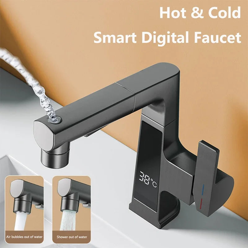 NEW Digital Display Pulling Faucet with Washing Gun Intelligent Temperature Sensor Brass Washbasin Taps Rotating Lifting Cold and Hot Water Mixer Tap Home Bathroom Kitchen Accessories