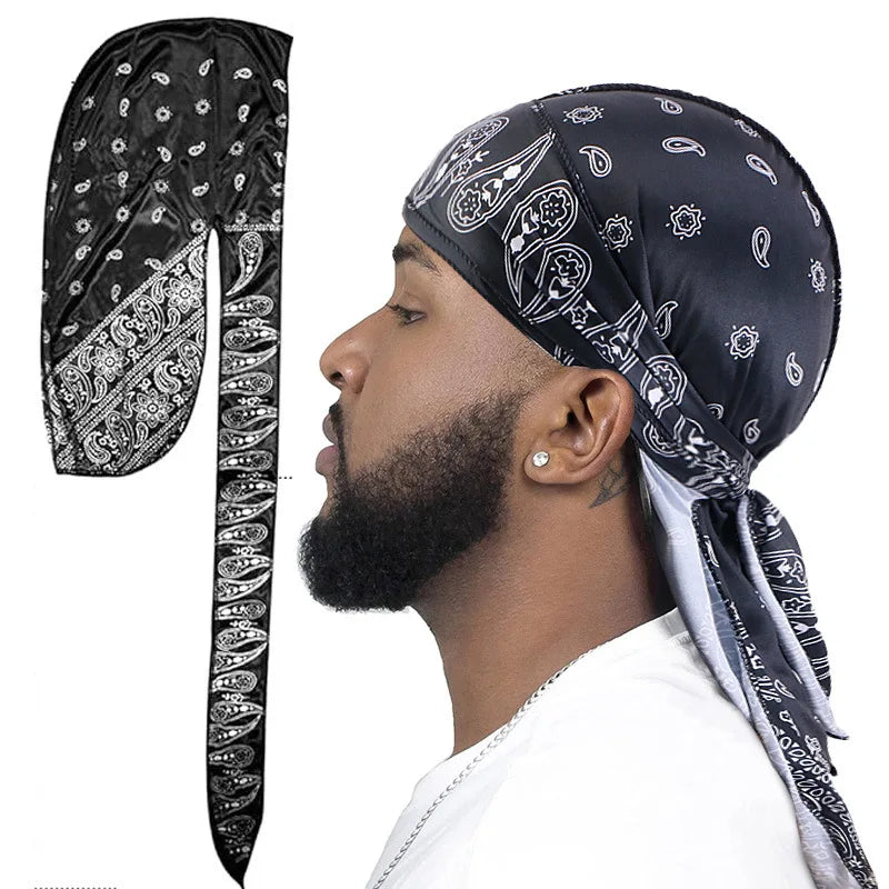 New Men Satin Paisley 8 Colors  Durag Turban Bandanas Headwear Silky Durag Doo Rag Long Tail Pirate Hat Wave Caps Hair Accessories