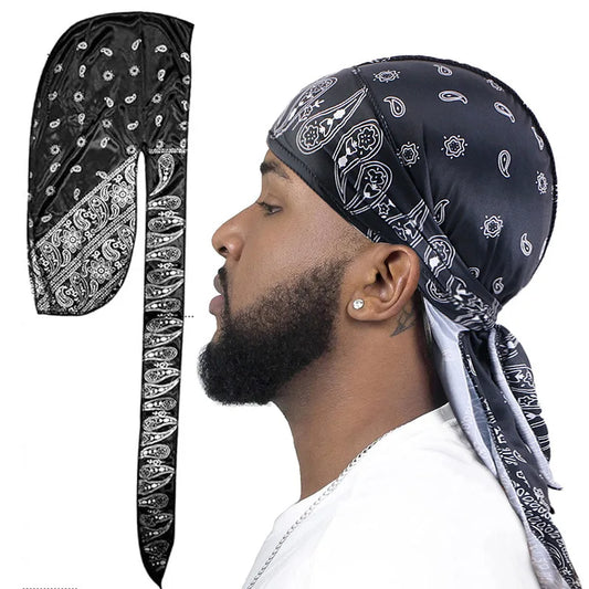 New Men Satin Paisley 8 Colors  Durag Turban Bandanas Headwear Silky Durag Doo Rag Long Tail Pirate Hat Wave Caps Hair Accessories