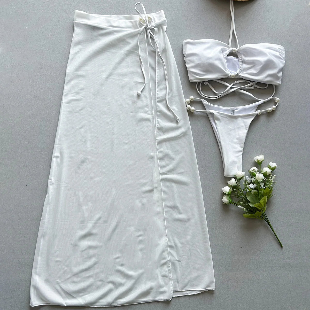 NEW Arrivals 3PCS Set Black/White Color Swimsuit Women  Pearl Bikini Set With Mesh Cover Up Skirt Beach Summer Sexy Swimming Wear Ladies Sexy Swimsuit