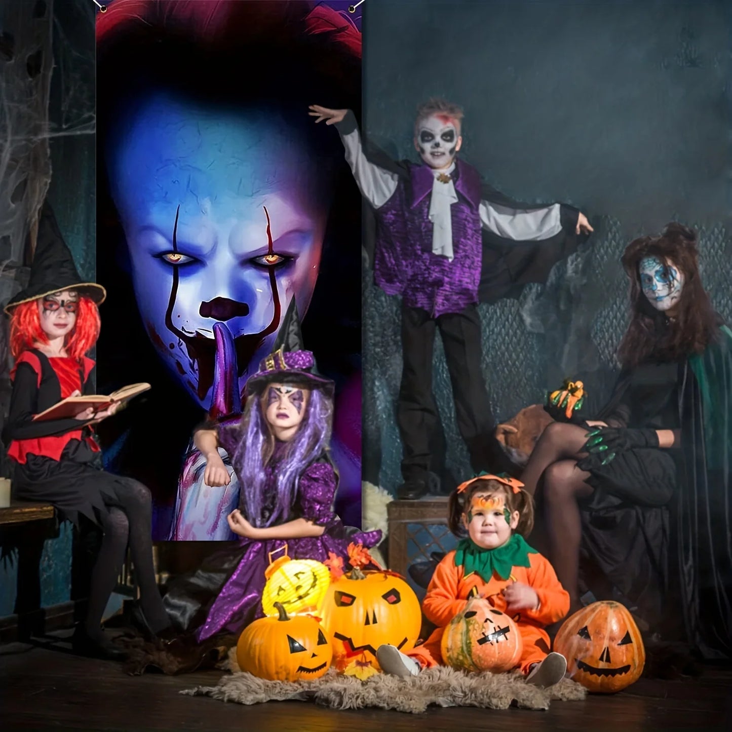 The Clown Halloween Banner Windows Doors Garage Door Art Decor , Served as a Prank or Treated to a Creepy  IT Themed Background