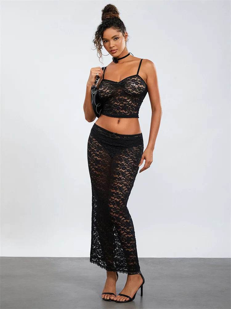 Two Piece Sets Women See Through Lace Bikini Cover Ups Camis Tops + Hollow Out Long Skirts Summer Club Beach Sexy 2Pcs Set