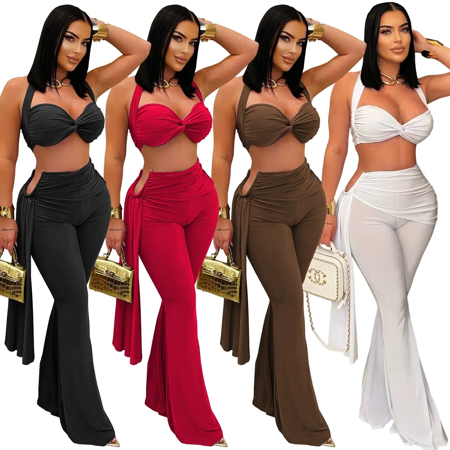 2 PCS Set S-2XL Fashionable C7485 Cross-Border Sexy Summer Strapless Long Pants Set Women's Polyester Fiber Clothing