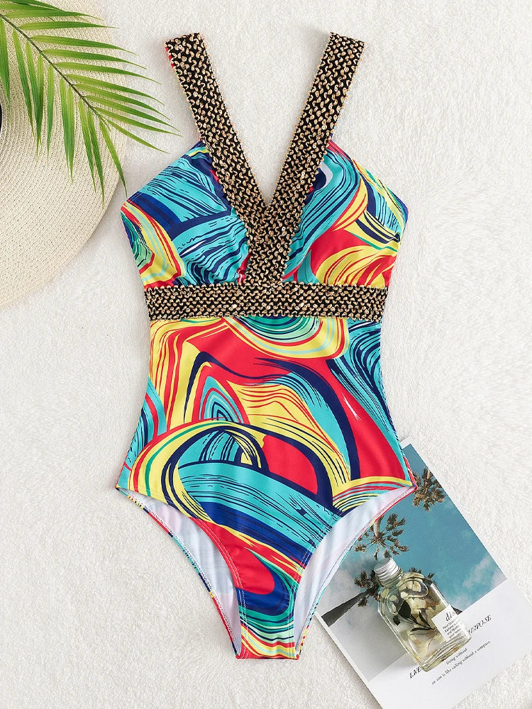 Sexy Print Strapped Swimwear Women Push UP One Piece Swimsuit Monokini Backless Hollow Summer Bathing Suit