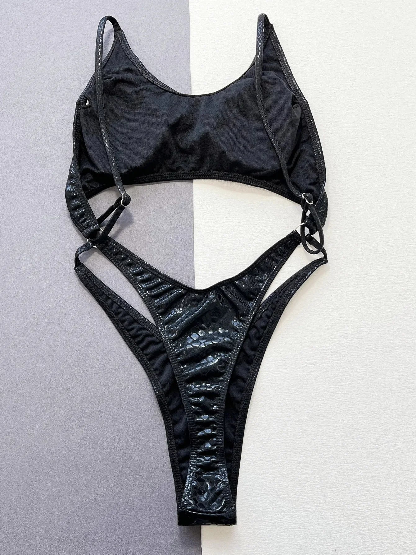 Women Black Snakeskin Metallic Sparkling Swimsuit One Piece Hollow Backless Bikini Swimwear Bathing Suit Beach Outfits Bodysuit Women Bathing Apparel Supplies