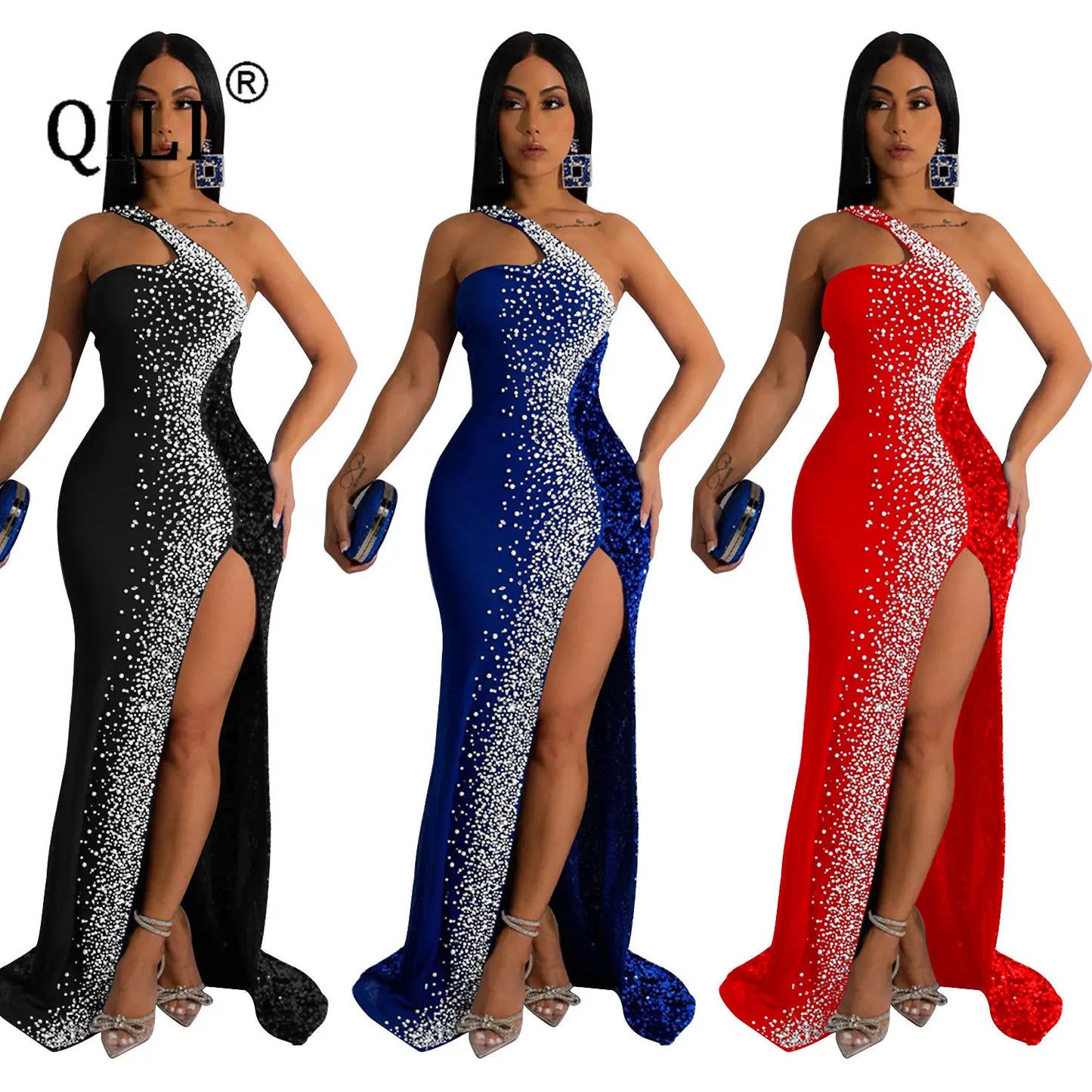 One Shoulder Rhinestone and Sequins Sexy High Split Long Dress Elegant Party Dresses for Women  Robe Blue Black Red