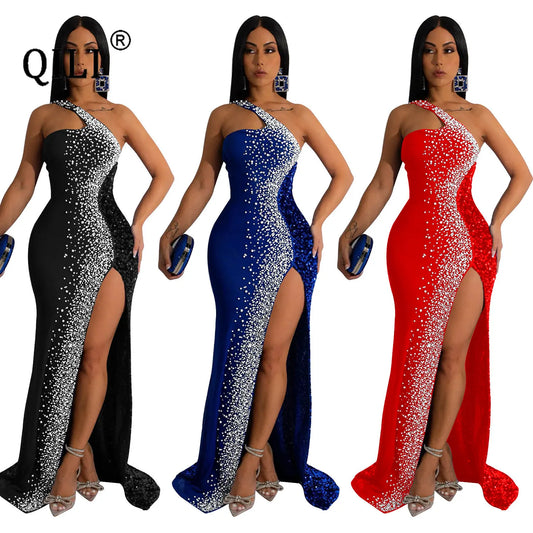 One Shoulder Rhinestone and Sequins Sexy High Split Long Dress Elegant Party Dresses for Women  Robe Blue Black Red