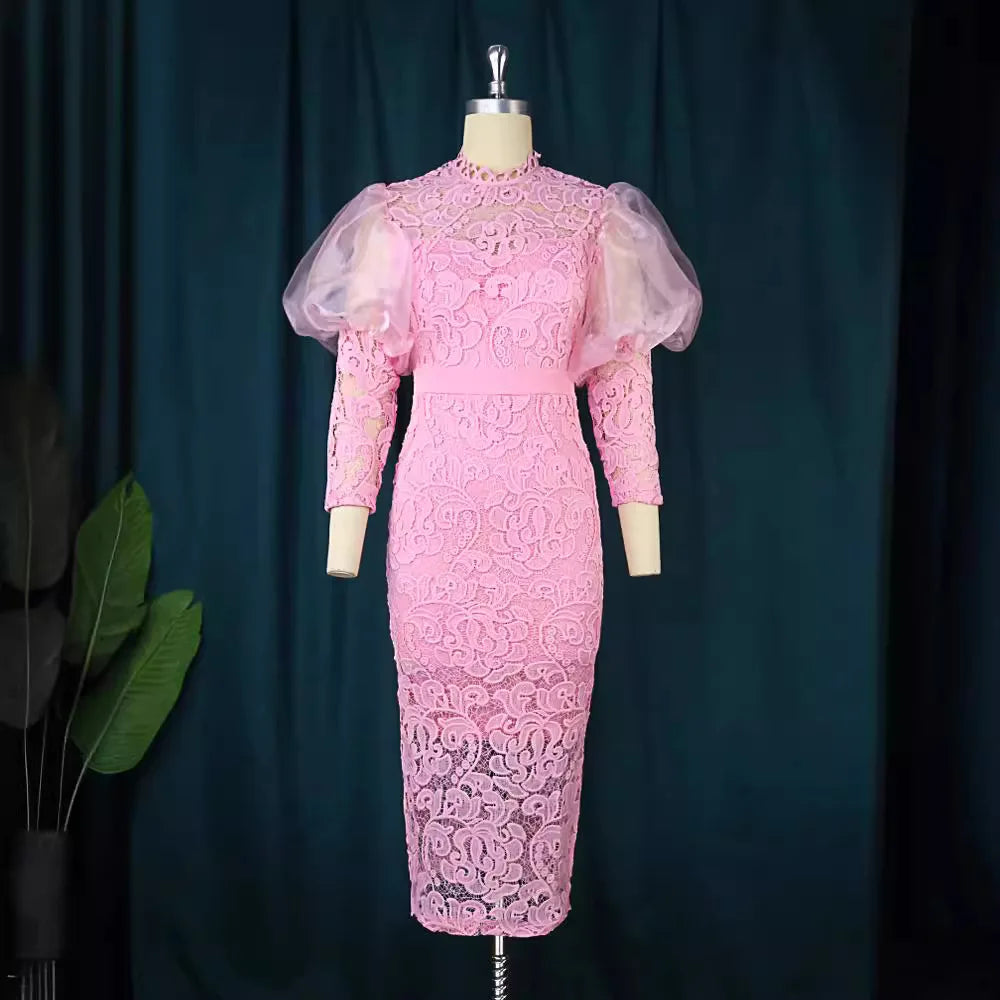 NEW Arrivals UK S-3XL Size African Women Dress Long Dresses Lace Floral Slim Fit Party Puff Sleeve Round Neck Sheath Sexy Gown Tight Waist Elegant Splice Formal Gown