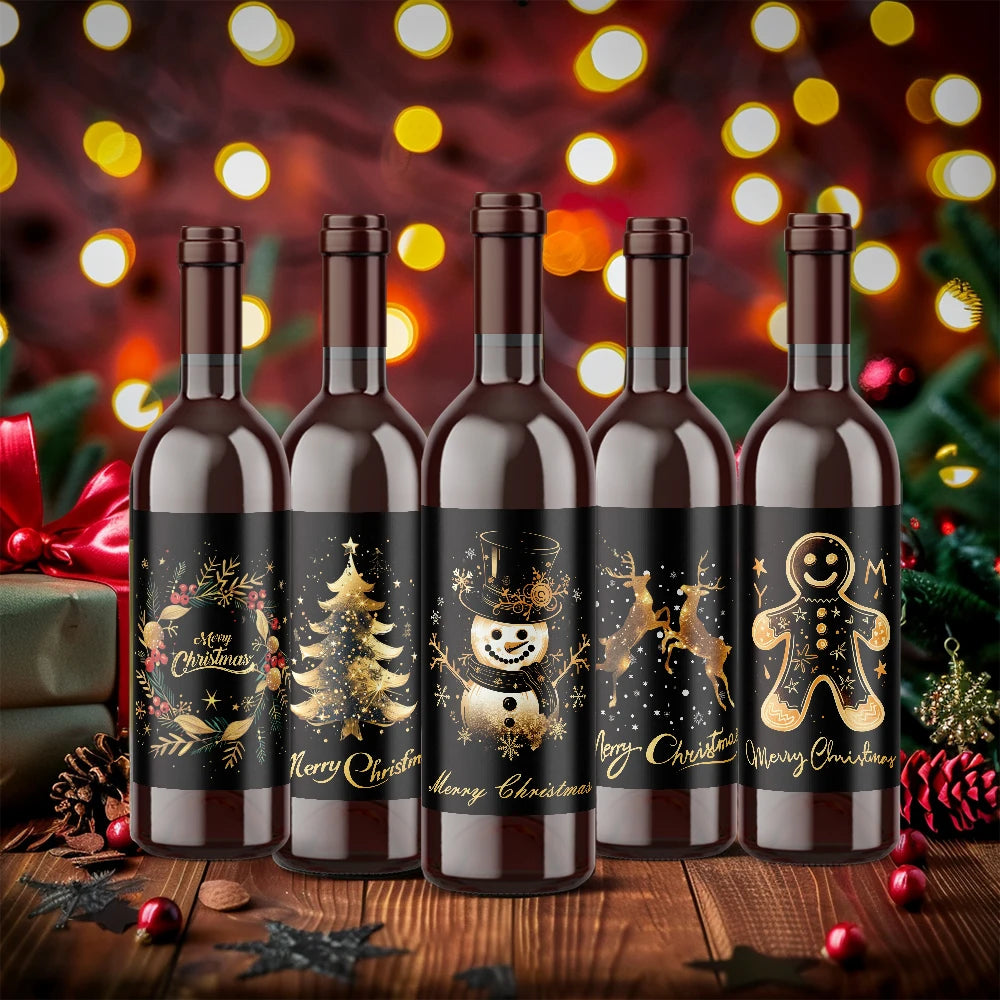 9pcs Set Christmas Decoration Wine Bottle Waterproof Stickers 5x3.93inch Christmas Wine Label, Christmas Party Decoration New Year Eve Supplies