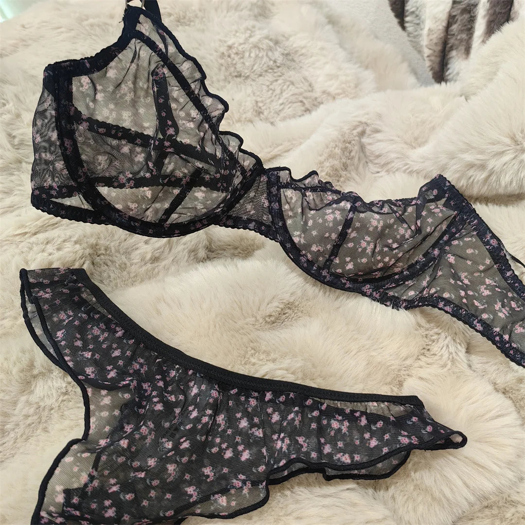 4 Colors New Fashion Floral Suit Women Lingerie Set Fashion Sexy Lace Bra French Ultra Thin Breathable Intimates Bralette Soft Underwear