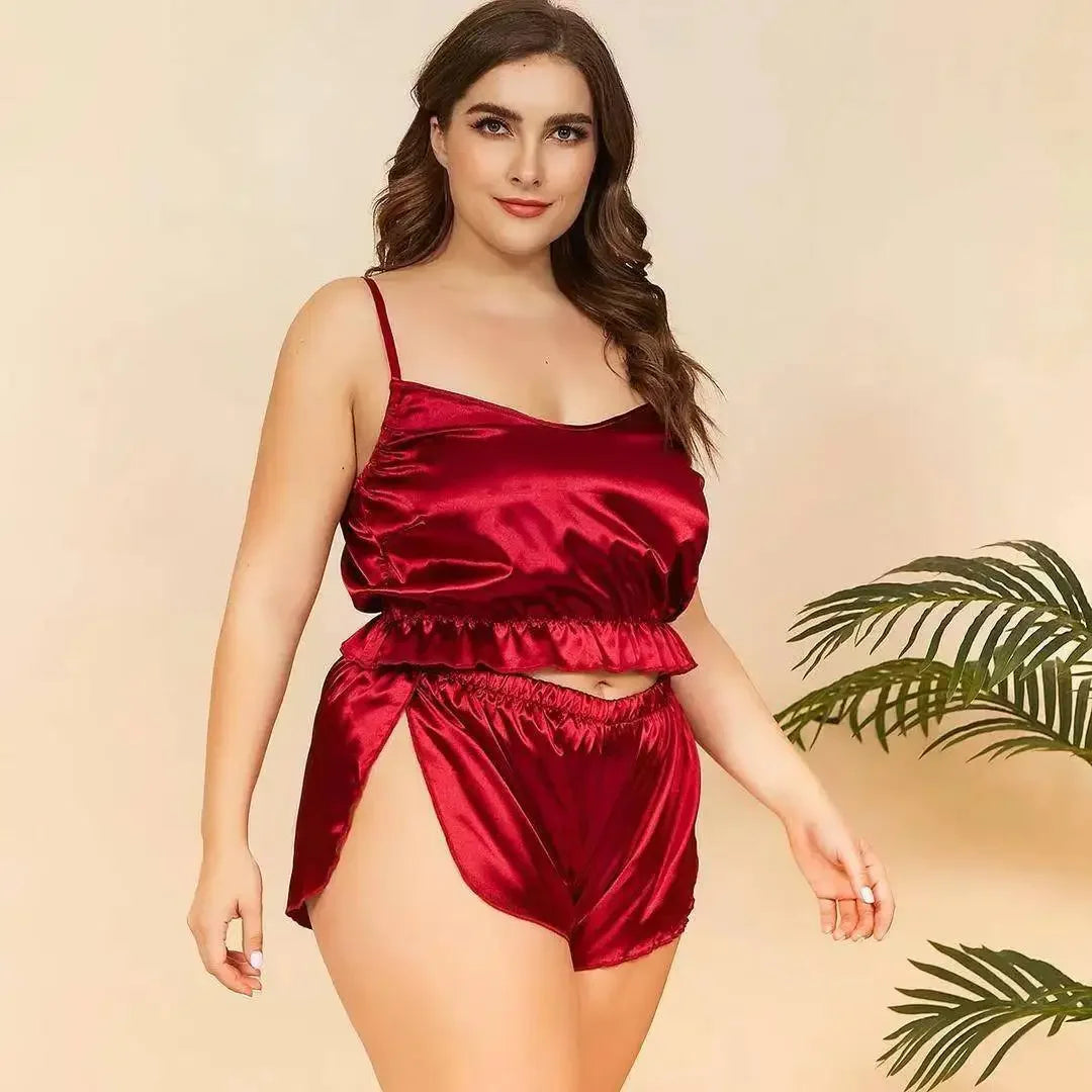 NEW Arrivals 2PCS Set  XL-5XL Plus Size Chubby Women Sexy Hollow out Strap Backless Sleepwear Comfortable Underwear V-Neck Design Breathable Material for Adults Curvy Girls Home Wear