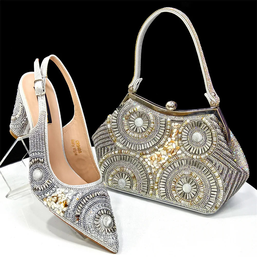 8 Colors High-End Matching Women's Luxury Shoes with Diamond Hard Box Bag Popular in Nigeria Evening Wedding Party Women's High Heels Shoes Apparel Sets