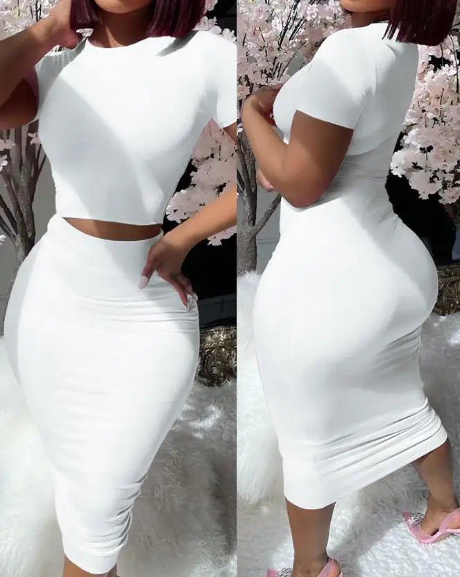 Women 2PCS Sets Elegant Sexy Evening Beach Party Night Club Outfit Short Sleeve Top & High Waist Skirt Set New Fashion Summer Casual Female Suit Ladies Girls Fashion Clothing Supplies