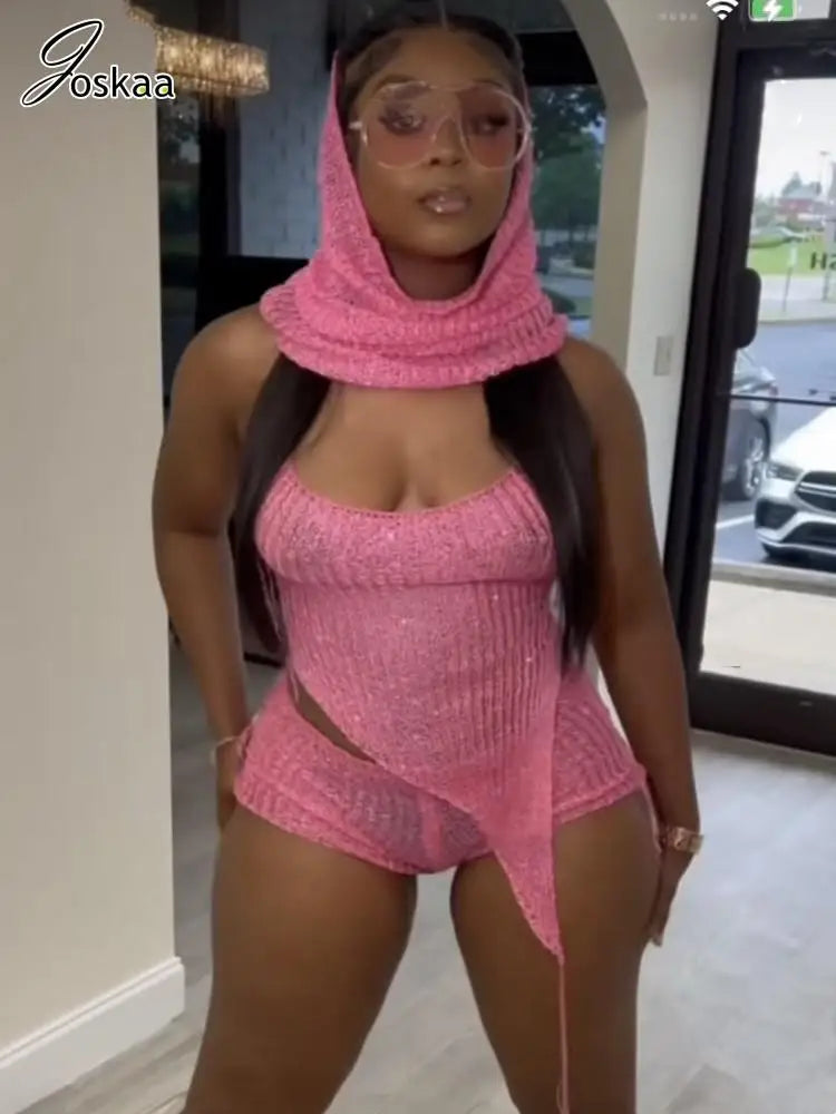 NEW Arrivals 3PCS Set 4 Colors Sexy Sequins Knit Evening Beach Party Women Sexy Backless Halter Irregular Top +Head Scarf+ Shorts Matching Night Club Outfits