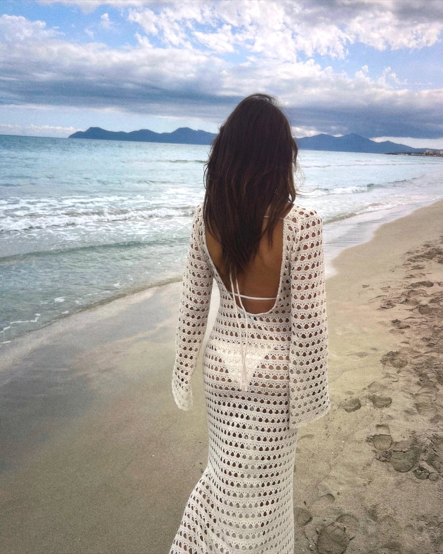 NEW Sexy Handmade Beige Knit Mesh Backless Long Bell Sleeve Beach Maxi Dress Women's Summer Slim Outfits Vacation Swimsuit Cover Up Tunic K205