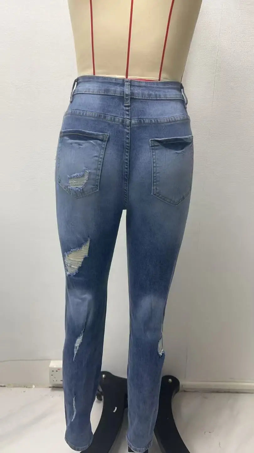 S-2X Plus Size Trendy Women's High-Waisted Slim Fit Denim Jeans Cross-Border Style Pencil Long Jeans Tear Hole Design Elegant Commute Girls Casual Spring Streetwear Apparel Supplies