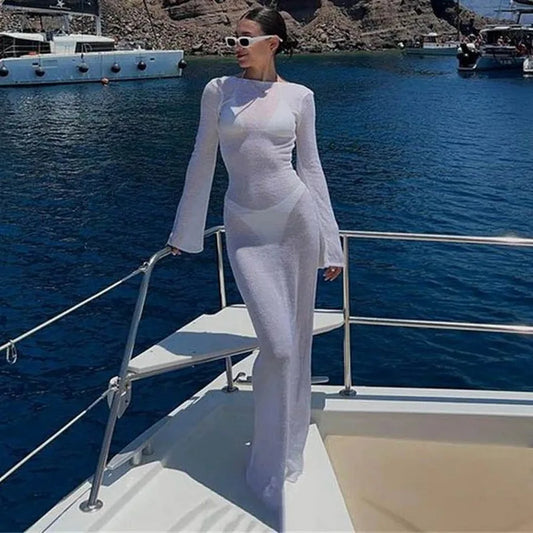 NEW Black/White Color UK Size Chiffon Bikini Cover Ups Beachwear Beach Outfits for Women Beach Maxi Long Dress Backless Women Swimsuit See Through Covers