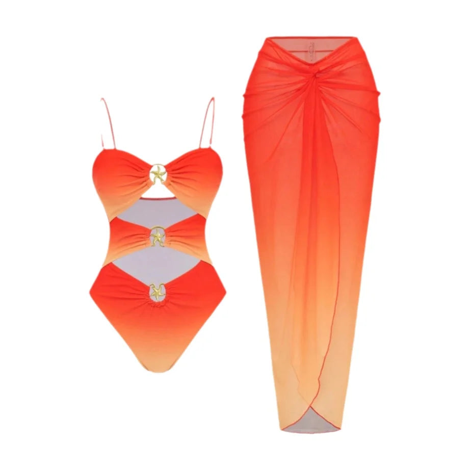 2 PCS Set 3 Colors Sexy Swimsuit Women's Bathing Suit Strap Net Skirt Integrated Swimwear with Skirt Cross-Border Summer Beach Swimsuit Apparel Sets