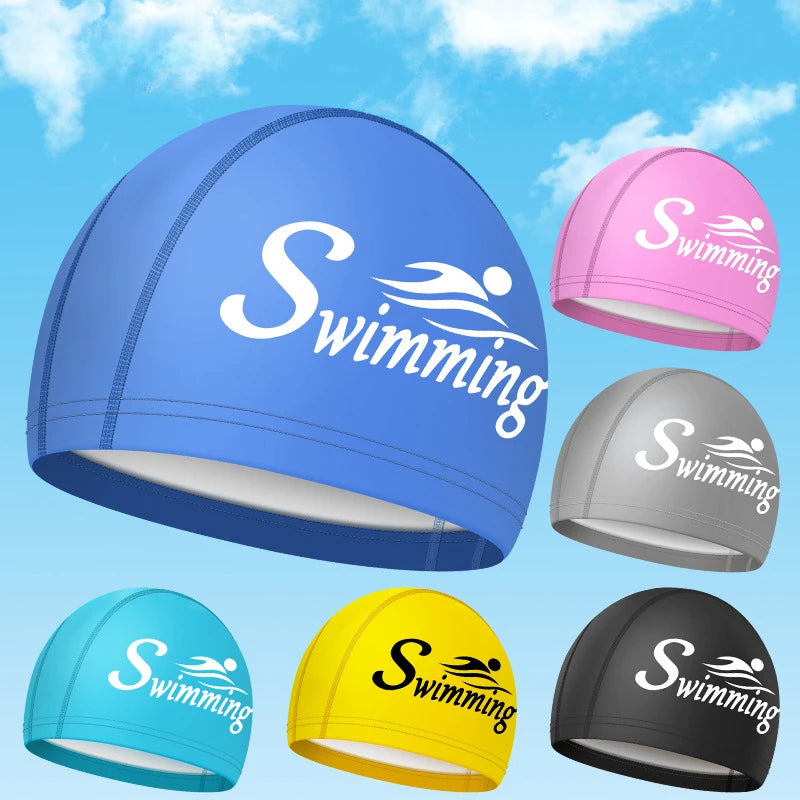 Swim Caps for Women Men Universal Large Size Long Hair Ear Protection Swimming Caps PU Waterproof Letter Printed Swimming Cap Bathing Accessories Sports Supplies