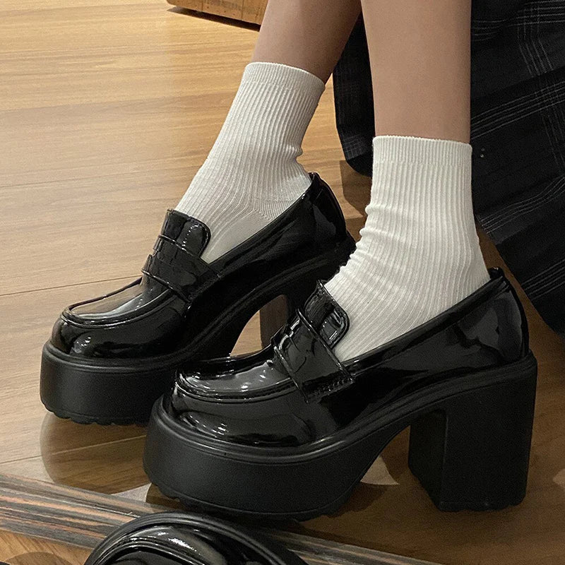 Leather Women's Platform Loafers Gothic Black Chunky High Heels Pumps Woman Preppy Style Jk Uniform Shoes Mujer
