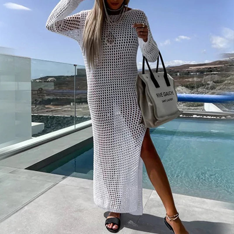 NEW Arrivals 5 Colors Sexy Casual Women's Beach Holiday Style Fishing Net Hollow Crew Neck Long-sleeved Bikini Swimsuit Fishnet Cover Up Split Maxi Dress