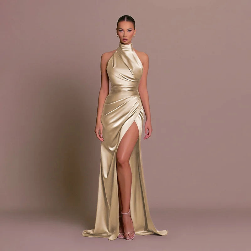 8 Colors Ladies Summer Luxury Satin Sexy Evening Wedding Guest Birthday Party Business Dinner Dresses Women Sleeveless Backless Halter Side Slit Elegant Long Dress Women Sexy Outfits Clothes