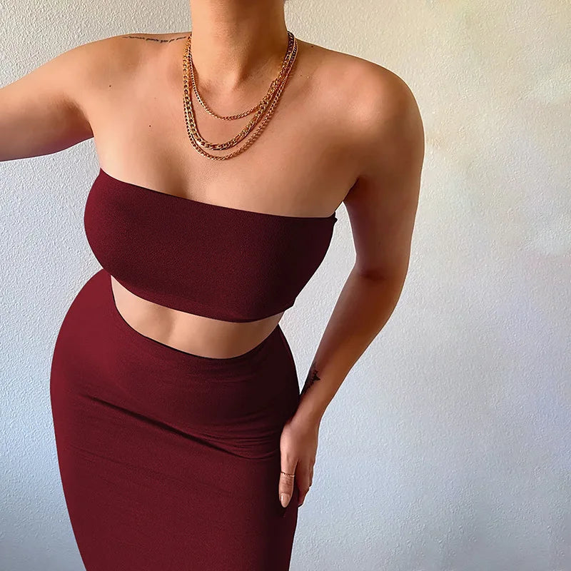 2 PCS Set  5 Colors  European Women's Summer New Fashion Bustier Top with Shrink Fit and Slimming Bodycon Clothes Party Festival Dress Set