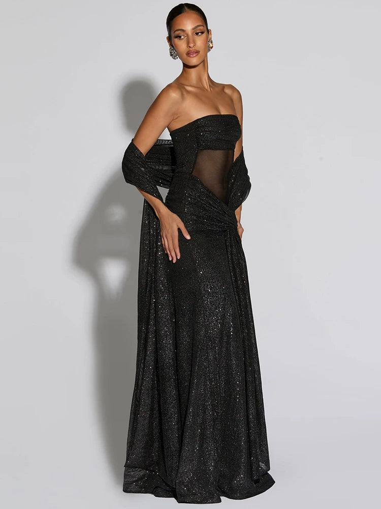 Brown/Black Color Sparkle Strapless Draped Sexy Maxi Dress Women Elegant Off-shoulder Sleeveless Backless Ruched Club Party Long Dress