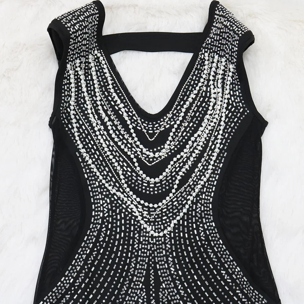 NEW Arrivals S-2XL UK Size Red/Black/Blue Color  Women Mesh V-Neck Diamonds Hot Rhinestones Beading Bodycon Mini Dress Summer Evening Night Club Sexy Party Dresses
