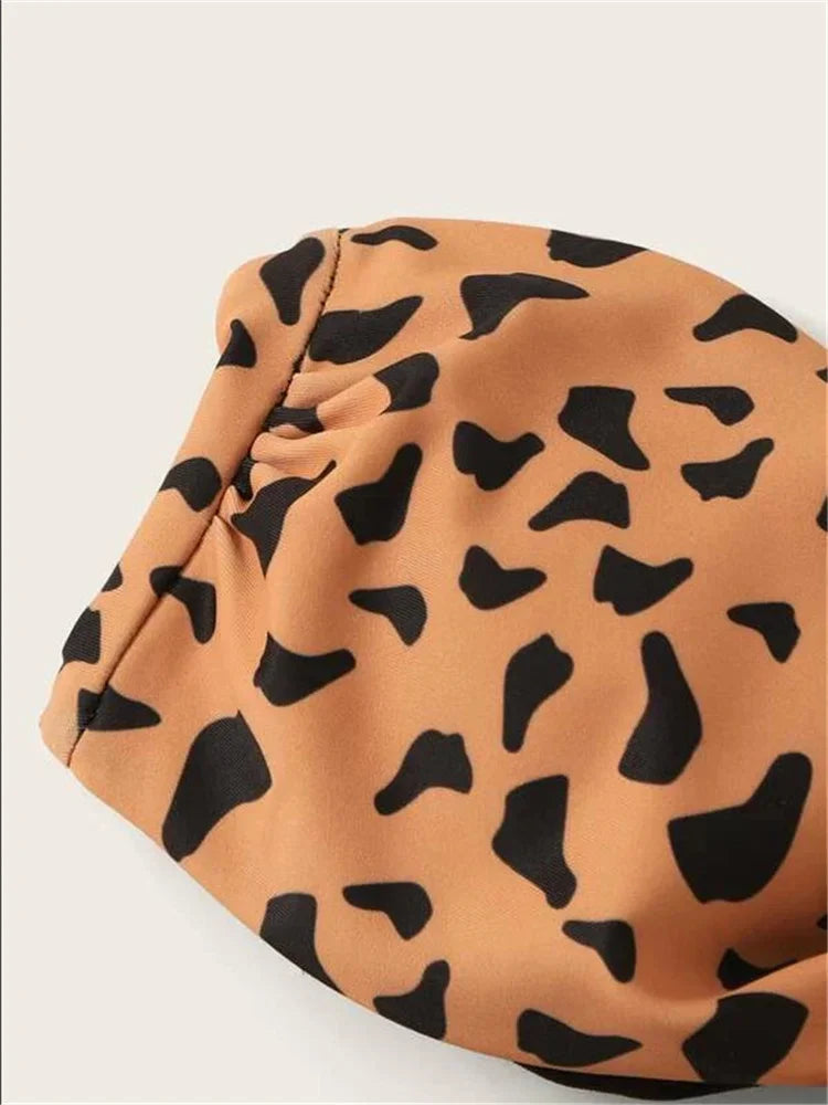 Beach Bikini Woman Sexy Front Lace Up Tie Bandeau Leopard Swimsuit Female Push Up Ruffled Bow Bathing Suit Thong Swimwear