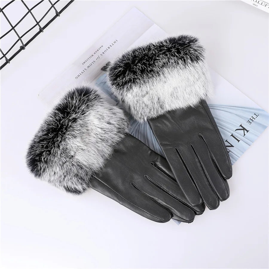 New Arrivals Women's Luxury Real Sheepskin Leather Gloves With Real Natural Rabbit Fur Cuffs Female Formal Evening Party Business Dinner Warm Gloves Fleece Lining Touch Screen Gloves Ladies Luxury Fashion Apparel Accessories