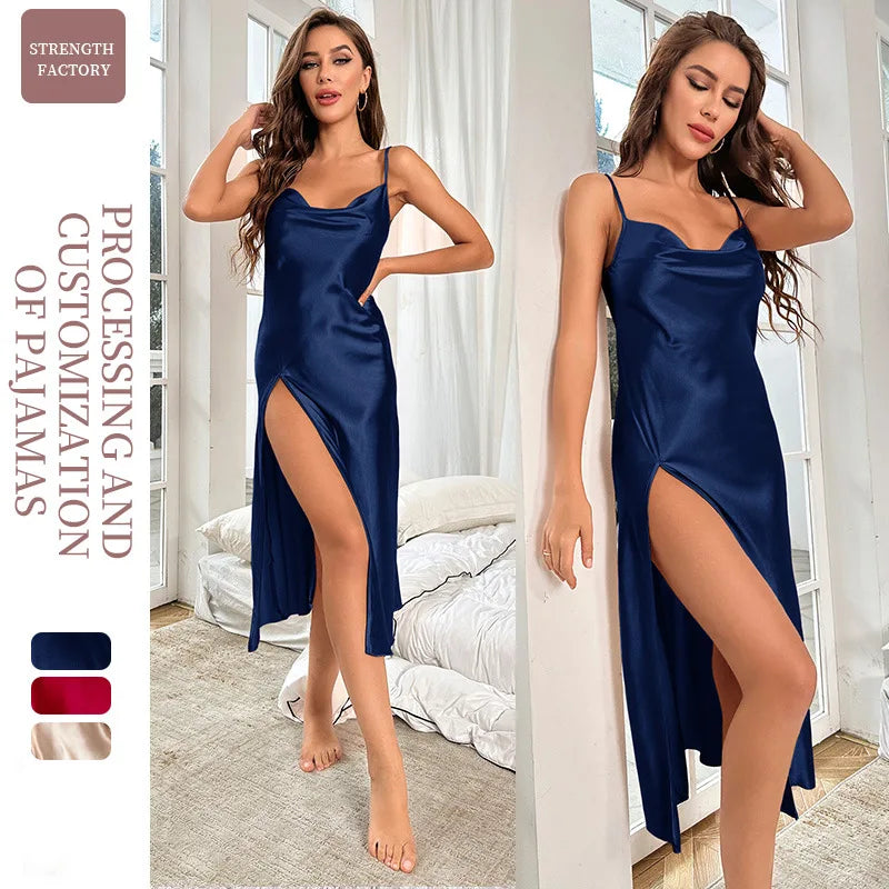 NEW S-XL UK Size 6 Colors Summer Thin Ice Silk Spaghetti Strap Breathable Imitation Silk Sexy Pajamas for Women At Home Backless Slit Camisole Nightgown