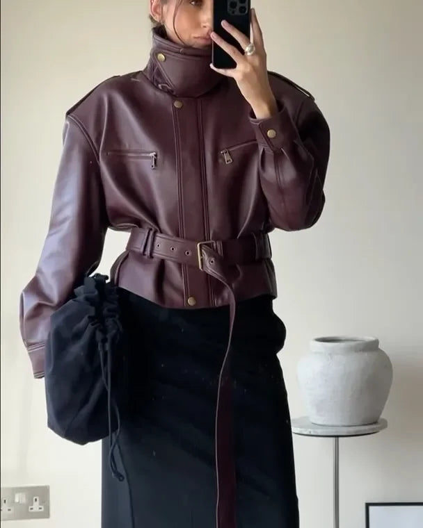 UK Size Women Solid Burgundy Waist Cinching Jacket Fashion Lace Up Stand Collar Zipper Bucket Short Jackets Lady High Street Coat