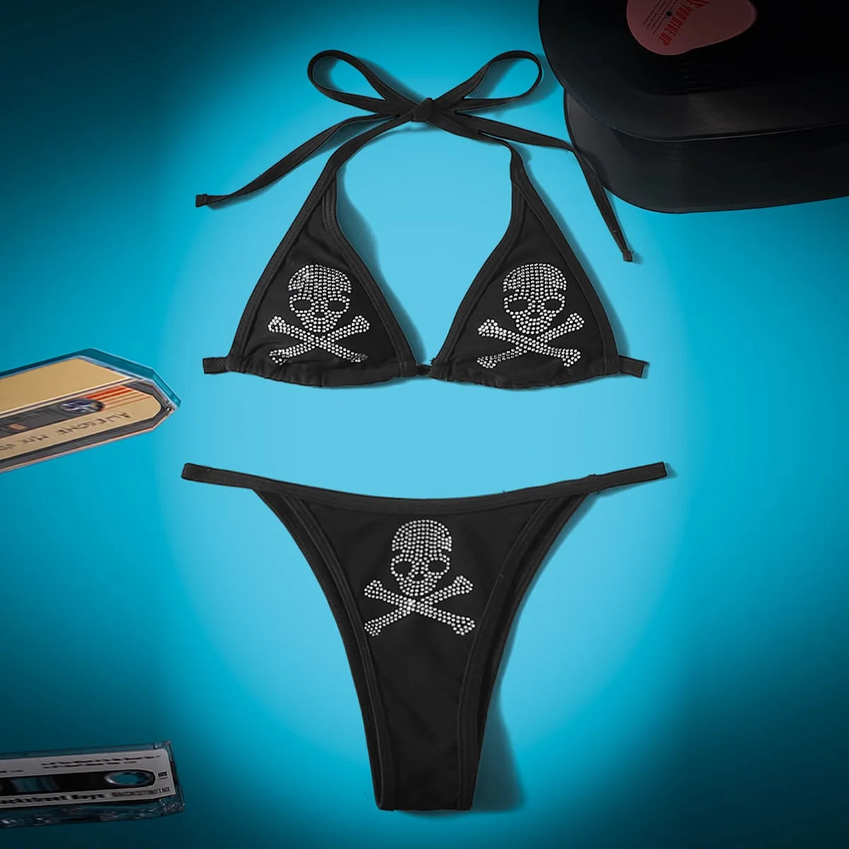 2 PCS Set Sexy Rhinestone Gothic Skull Bikini Kawaii Bikini Gothic Bikini Y2K Swimsuit Goth Bathing Suit Summer Holiday Beachwear Bra Brief Sets