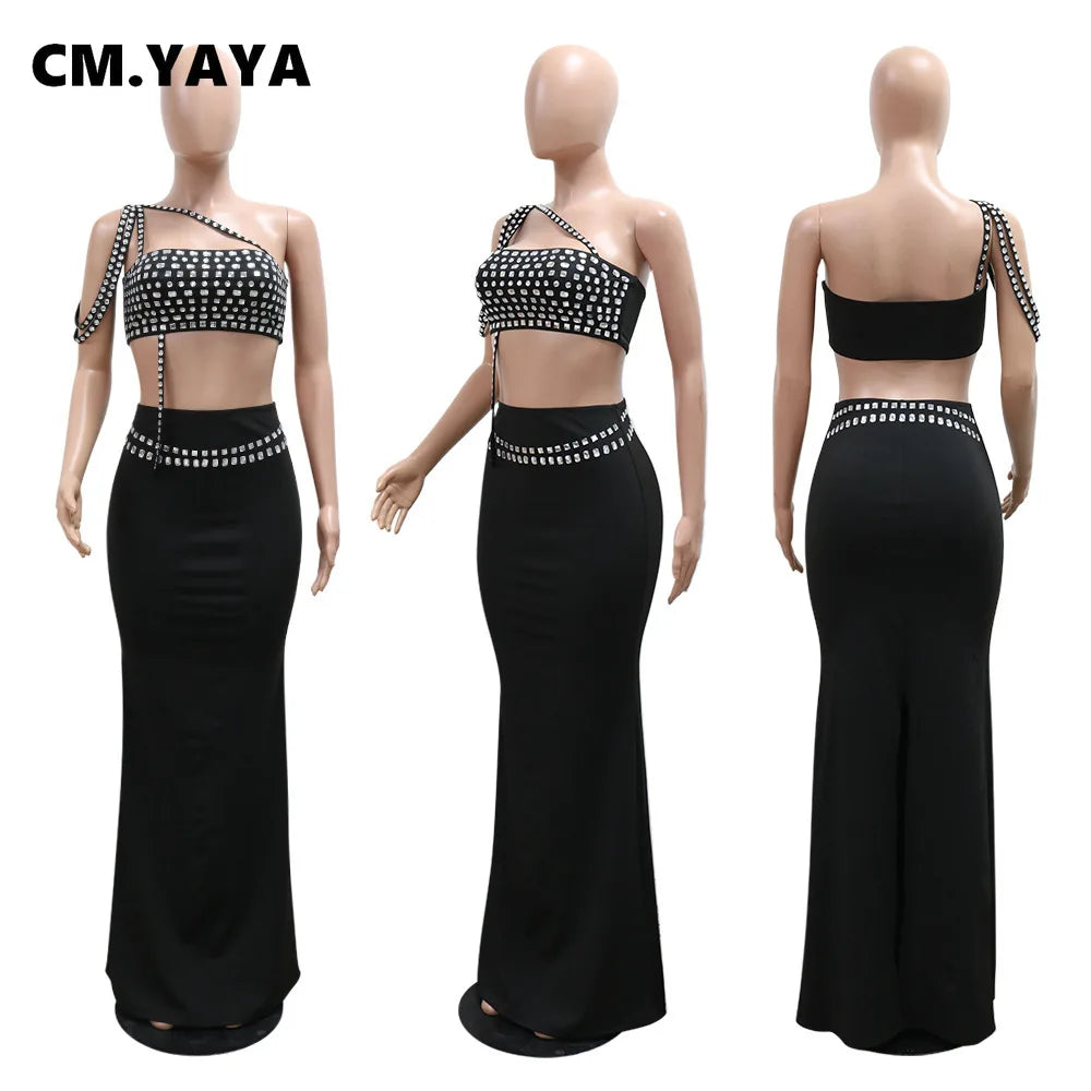 NEW Arrivals Women Girls 2PCS Set Diamonds Hot Rhinestones Strapless Top + Long Skirt Suit Dress Sets Two 2 Piece Set Party Club Night Outfits Female Ladies Luxury Fashion Clothing Supplies