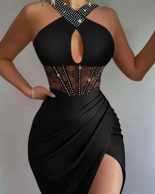 Low-Price Sales are Limited NEW Luxury Sexy Women Night Out Evening Wedding Birthday Party Dresses Rhinestones High Slit Contrast Lace Sleeveless Halter Slim Opera Business Dinner Dress Ladies Luxury Fashion Apparel Supplies