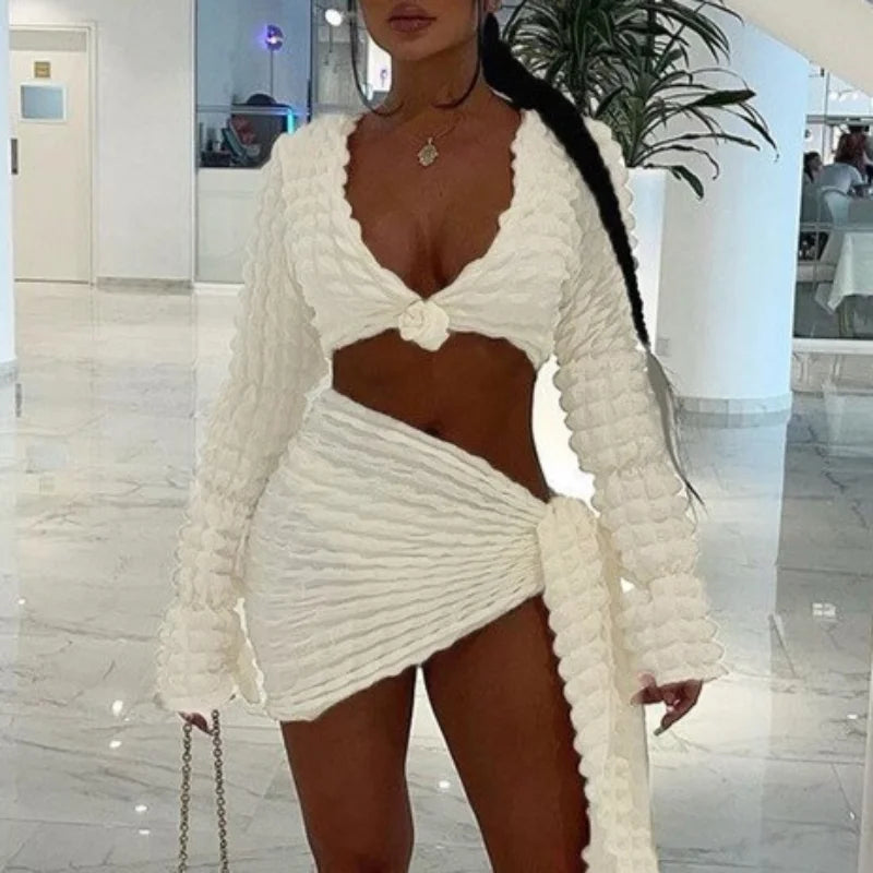 Wrap Mini Skirt + Cropped Top Blouse Two Piece Set Women's Popcorn Texture Knitted Bubble Waffle Tie Up Beach Coverup