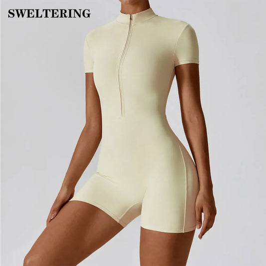 NEW Arrivals 4 Colors Summer Zipper Short Sleeve Yoga Bodysuit Women's Jumpsuits Yoga Set Gym Clothes Push-up Workout Tracksuit Dance Fitness Bodysuit