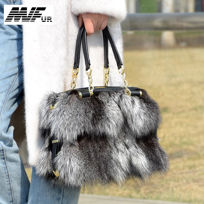 NEW Arrivals 100% Real Fox Fur Women Fashion Luxury Natural Silver Fox Handbag Lady Shoulder Bag Real Fox Fur Evening Party Formal Hand Bags Ladies Luxury Fashion Apparel Accessories