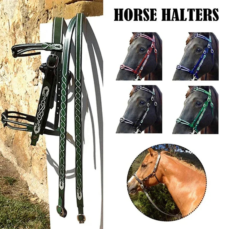 Horse Halters and Lead Ropes PU Leather Halter and Lead Ropes Ergonomic Comfortable Unfettered Halters with Metal Buckle