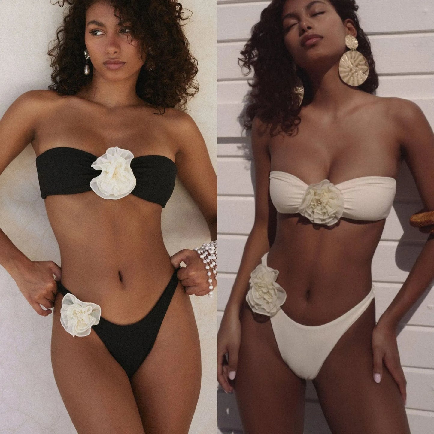 Brazilian 2pcs Bikini Swimming Set Strapless Top Sexy Cut Low Waisted Thong for Women Two Flower Decoration Split Beach Swimsuit